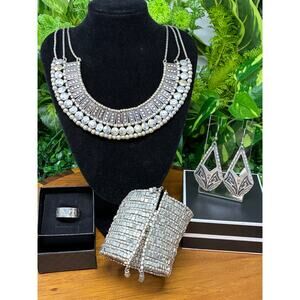 Silver Tone Statement Bib Necklace Set Cuff Bracelets Earrings Ring